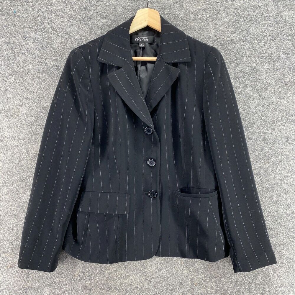 Kasper Blazer Women 6 Black Striped Button Up Collared Long Sleeve Lined Casual